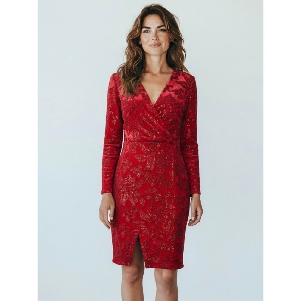 Harmony Red Velvet Sequin Floral Wrap V-Neck Sheath Dress FA20 Z99557 Sleeve